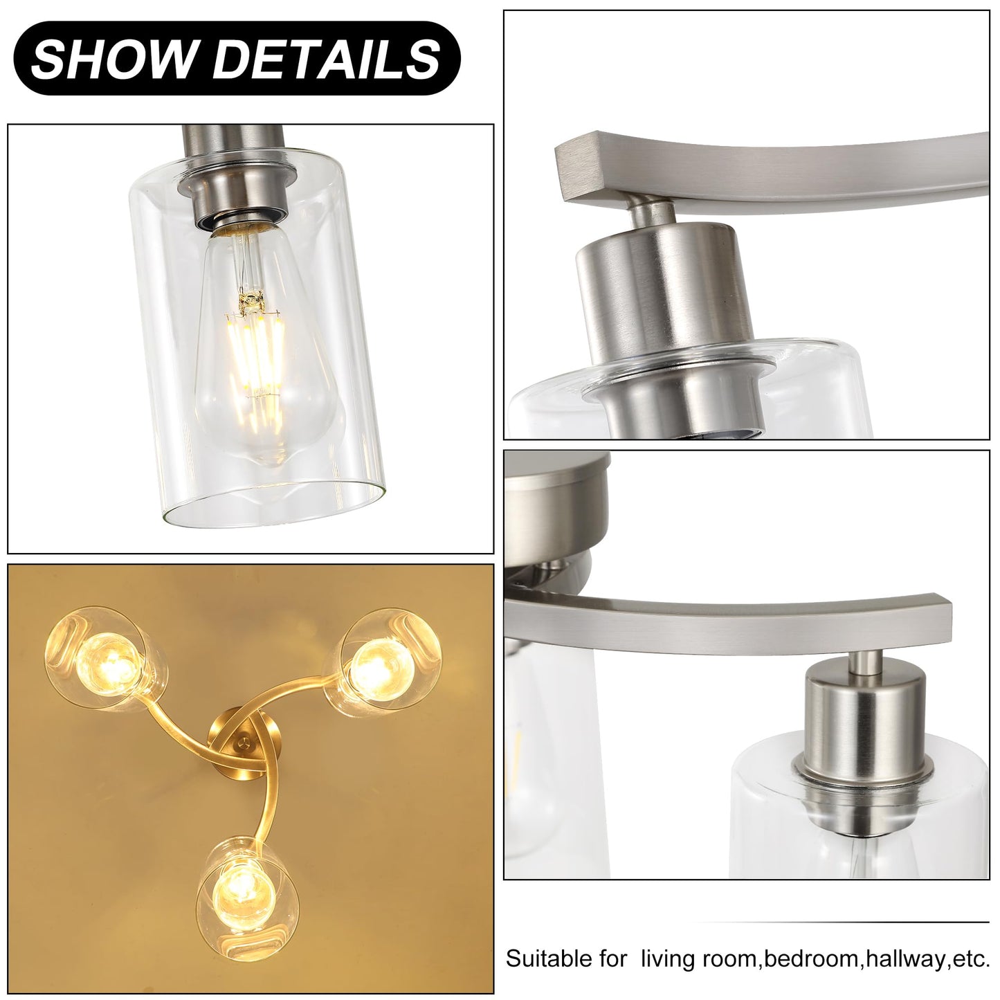 Cnratye 3-Light Brushed Nickel Pendant Lighting For Kitchen Island Hanging Dining Room Light Fixtures Over Table Industrial Chandelier For Entryway Hallway Foyer Bedroom Clear Glass Shade