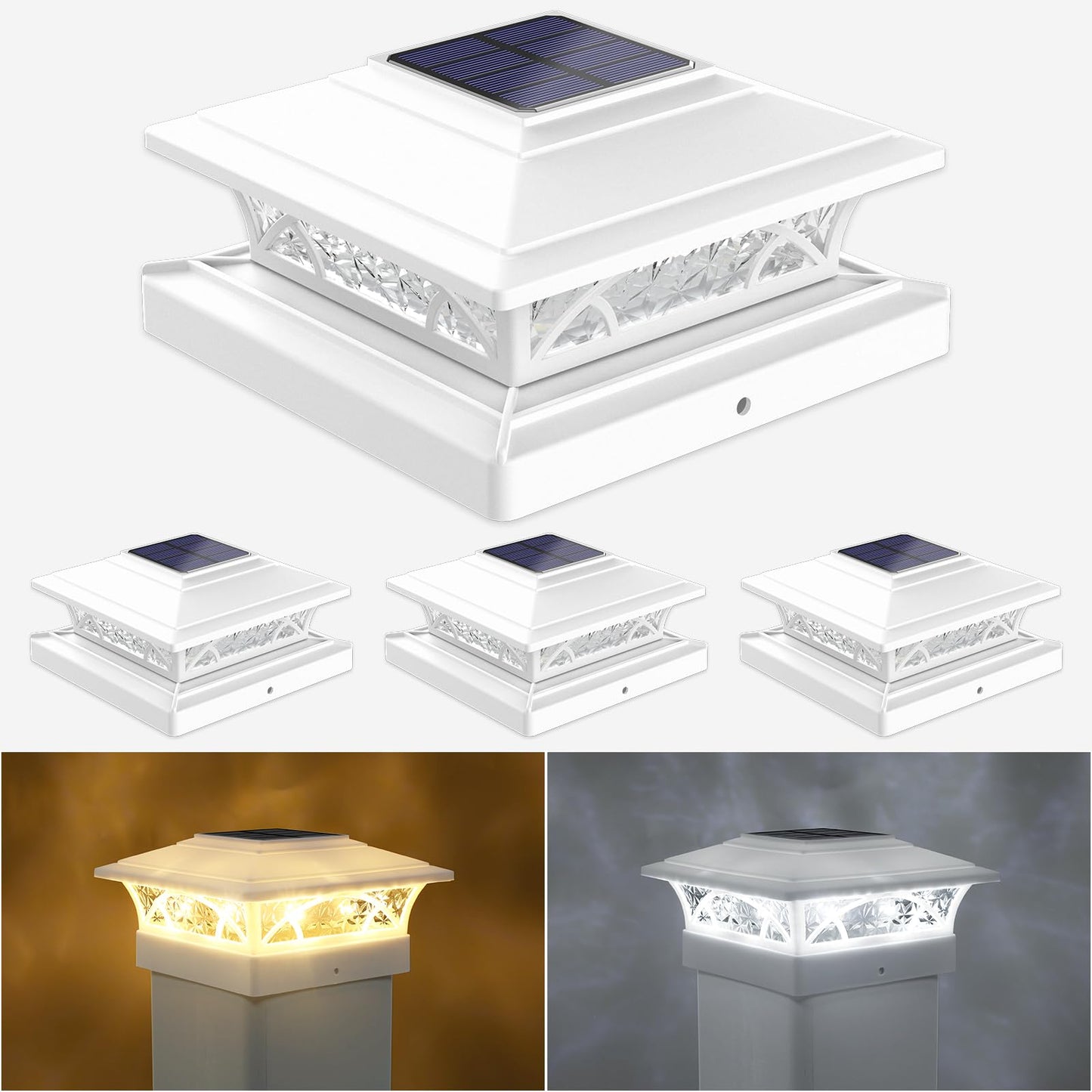 JOFIOS Solar Post Cap Lights Outdoor 4pack, White Deck Fence Post Lights Solar Powered with 16LEDS 2 Lighting Modes, 4x4/5x5/6x6