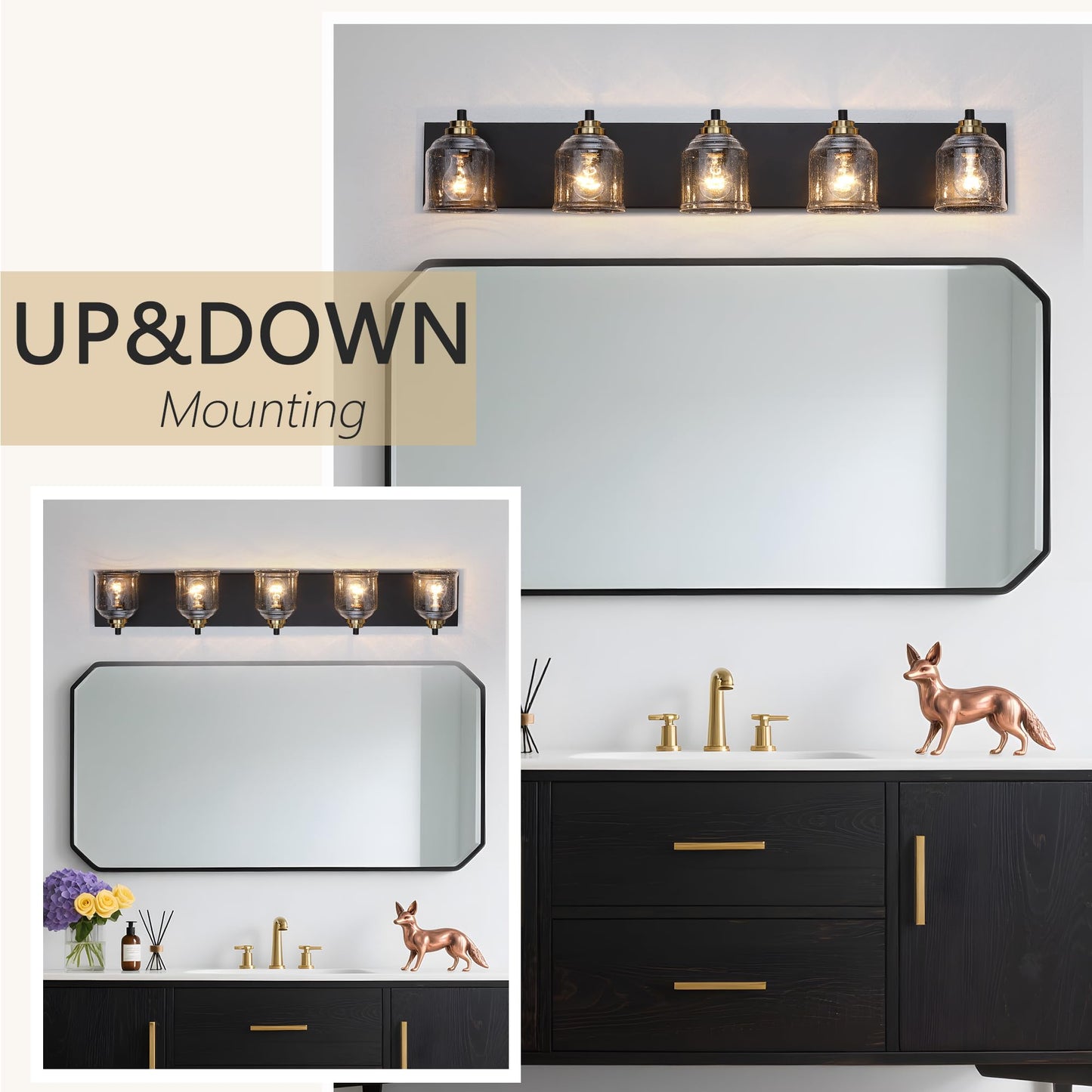 YKLITG 5-Light Bathroom Vanity Light, Metal Black & Gold with Bubble Glass Shades, Model BD005 S