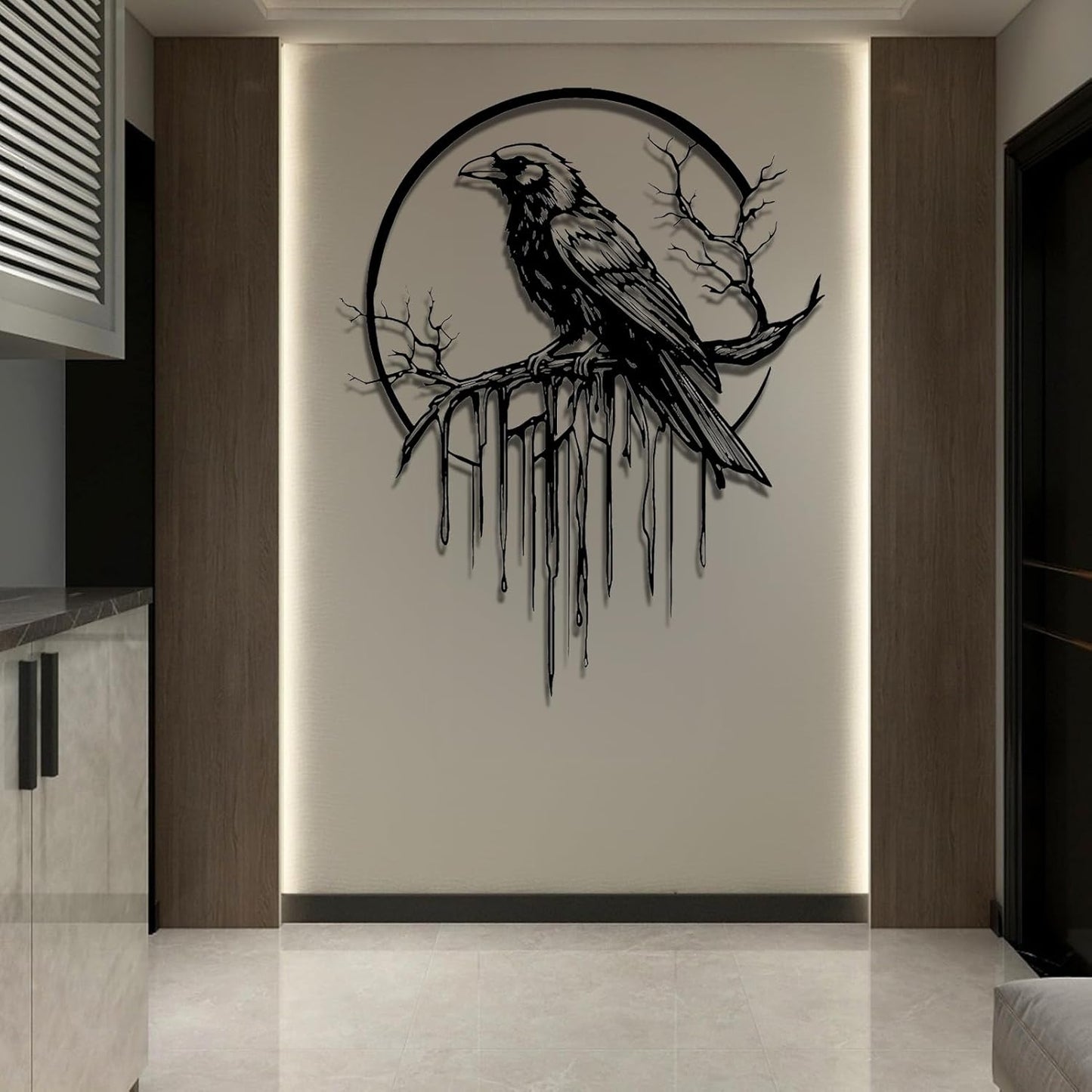 Crow Metal Wall Decor, Raven Wall Art, Large Gothic Raven Decor Hangings, Bird Wall Decor, Metal Tree Branch Decor, Ravens Sign, Raven Art for Living Room (White, 35"x28" | 90x72cm, metal wall art)