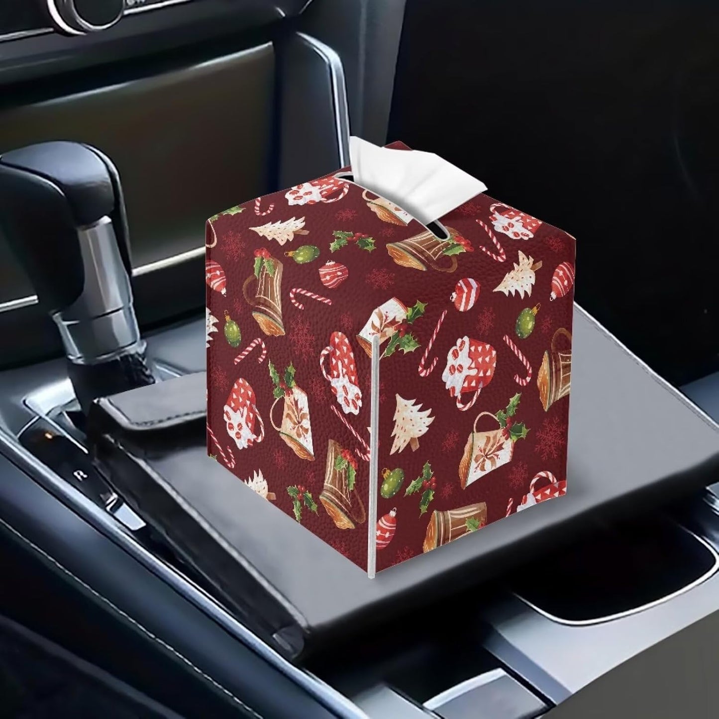 Christmas Tissue Box Cover Waterproof Square PU Leather Facial Tissue Box Holder for Dresser Bathroom Decor Xmas Home Decor for Living Room Bedroom