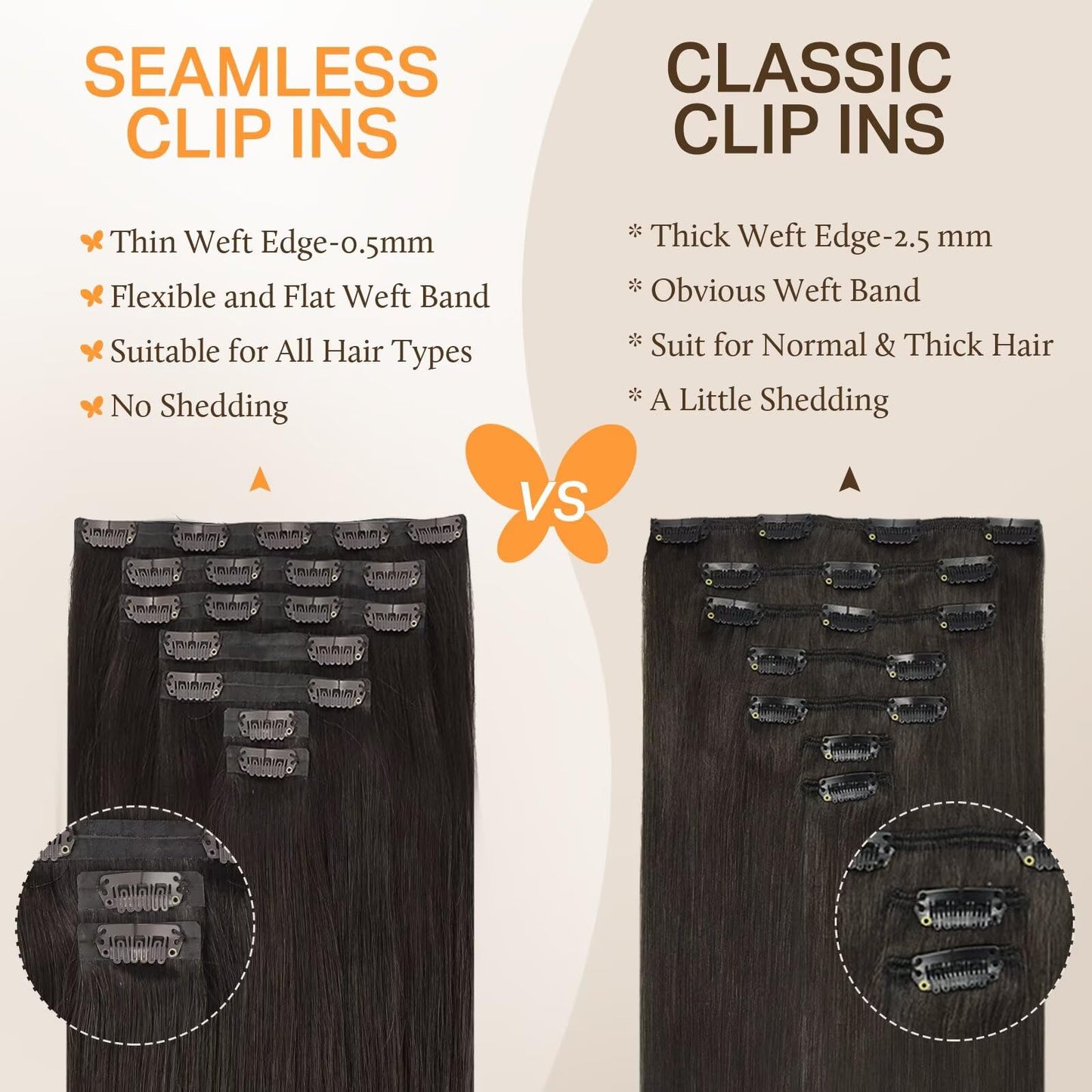 DOORES Seamless Invisible Edge Clip in Hair Extensions, Dark Brown 150g 7pcs 22 Inch, Clip in Human Hair Extensions Virgin Remy