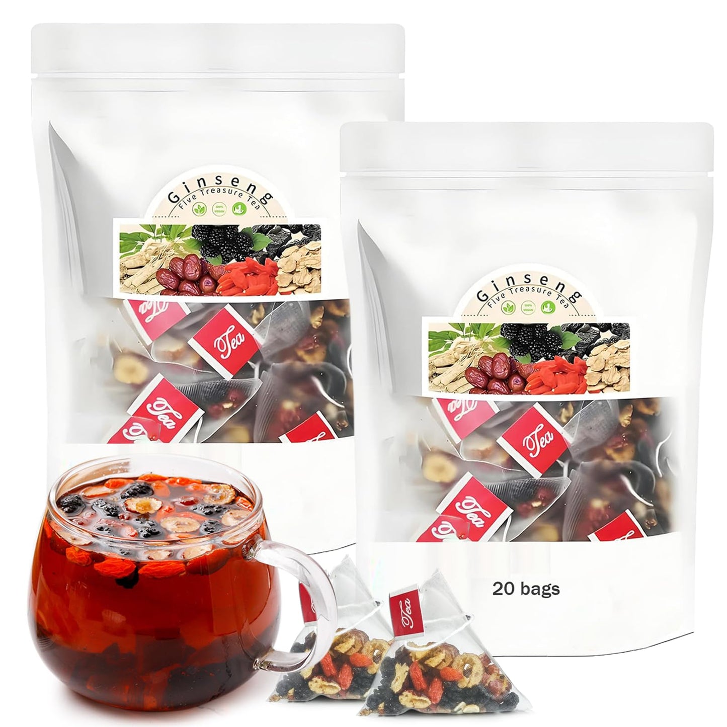 Ginseng Five Treasures Tea Kidney Tea - Kidney Cleanse Ginseng Six Treasures Teas 6 Precious Ingredients Red Date Wolfberry Mulberry Natural Organic Detox Teabag for Women & Men (2 Bag(40 Teabag))