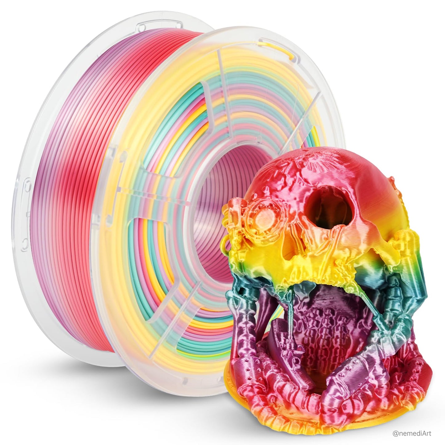 JAYO Silk Rainbow PLA+ Filament 1.75mm 1.1kg, Multicolor Gradient Shiny PLA, Color Changes Every 8 Meters in Green-Red-Pink-Yell