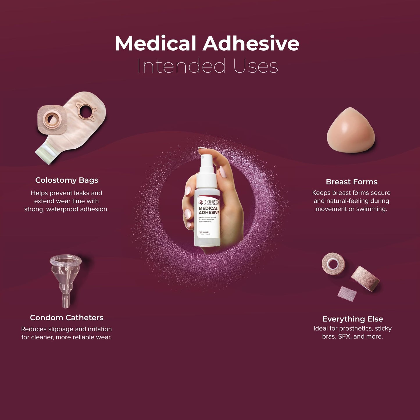 Skinister Medical Adhesive Spray – Silicone Skin Glue for Ostomy Supplies, Ileostomy, Colostomy & Urostomy, Stoma & Ostomy Bag Adhesive, Breast Forms, Condom Catheters, Prosthetics, SFX Makeup | 2oz