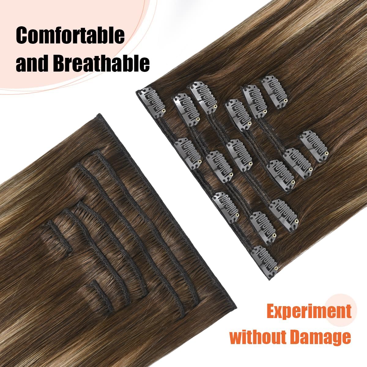 UGOTRAYS Balayage Hair Extensions Real Human Hair, Ombre Medium Brown Fading to Caramel Blonde 18 inches 120g Highlights 100% Hu