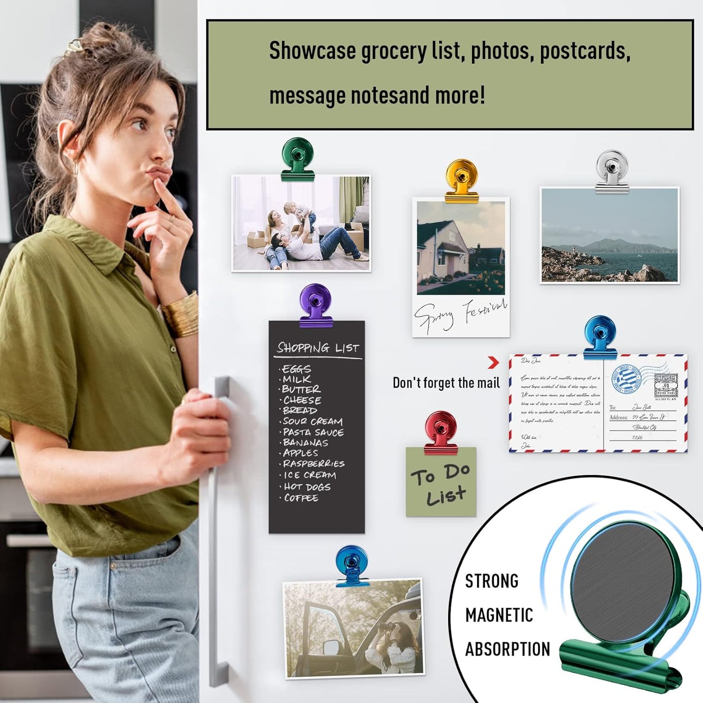FINDMAG 12 Pack Magnetic Clips for Picture Hanging and Photo Display, Heavy Duty Scratch-Free Magnets for Refrigerator, Whiteboard, Fridge, Kitchen, Office, School, Classroom, Green.