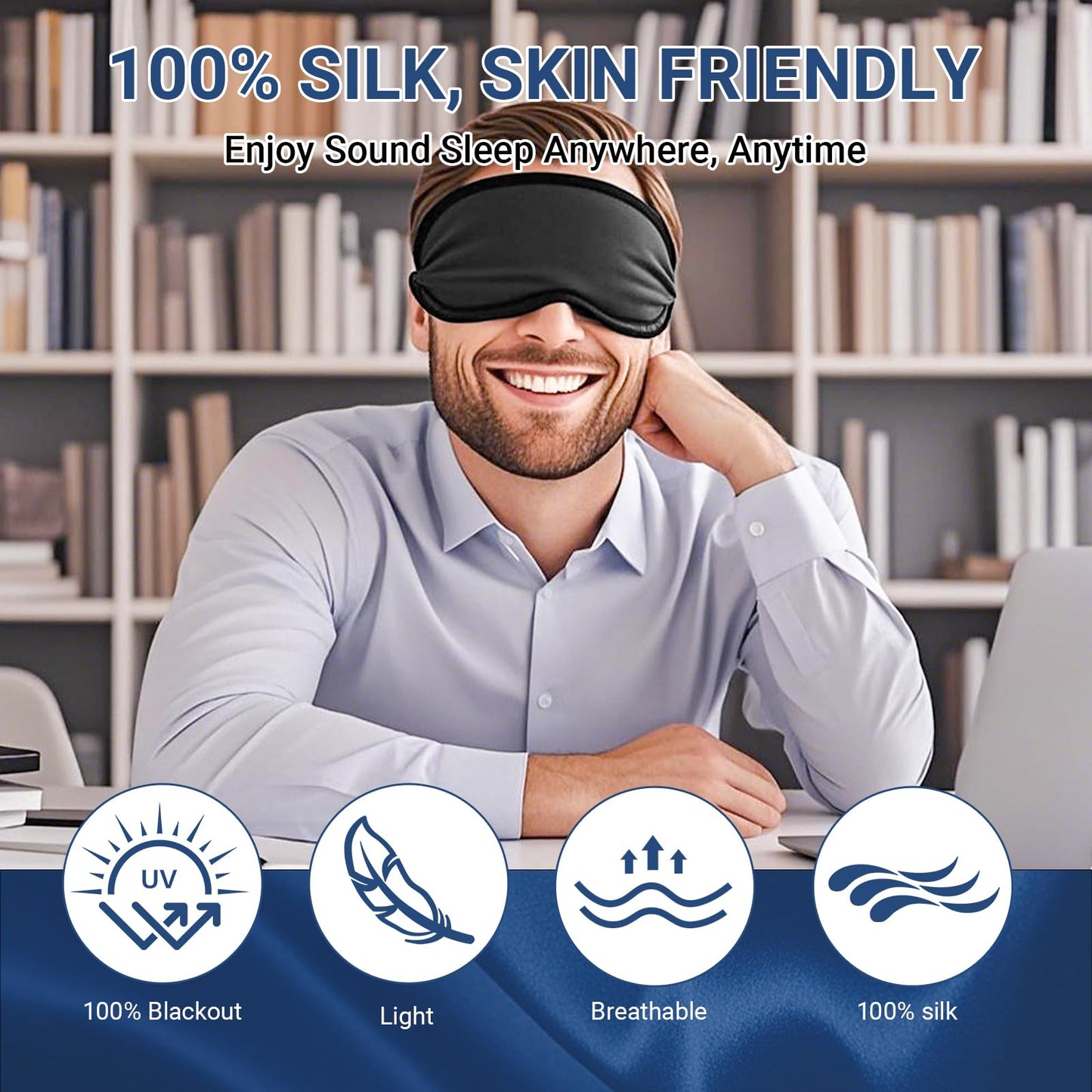 100% Pure Mulberry Silk Sleep Mask, 22 Momme 6A Soft & Smooth Fibers, Breathable Eye Mask for Women & Men, Better Light Blocking Sleeping Mask, Adjustable Blindfold, Traveling Gift