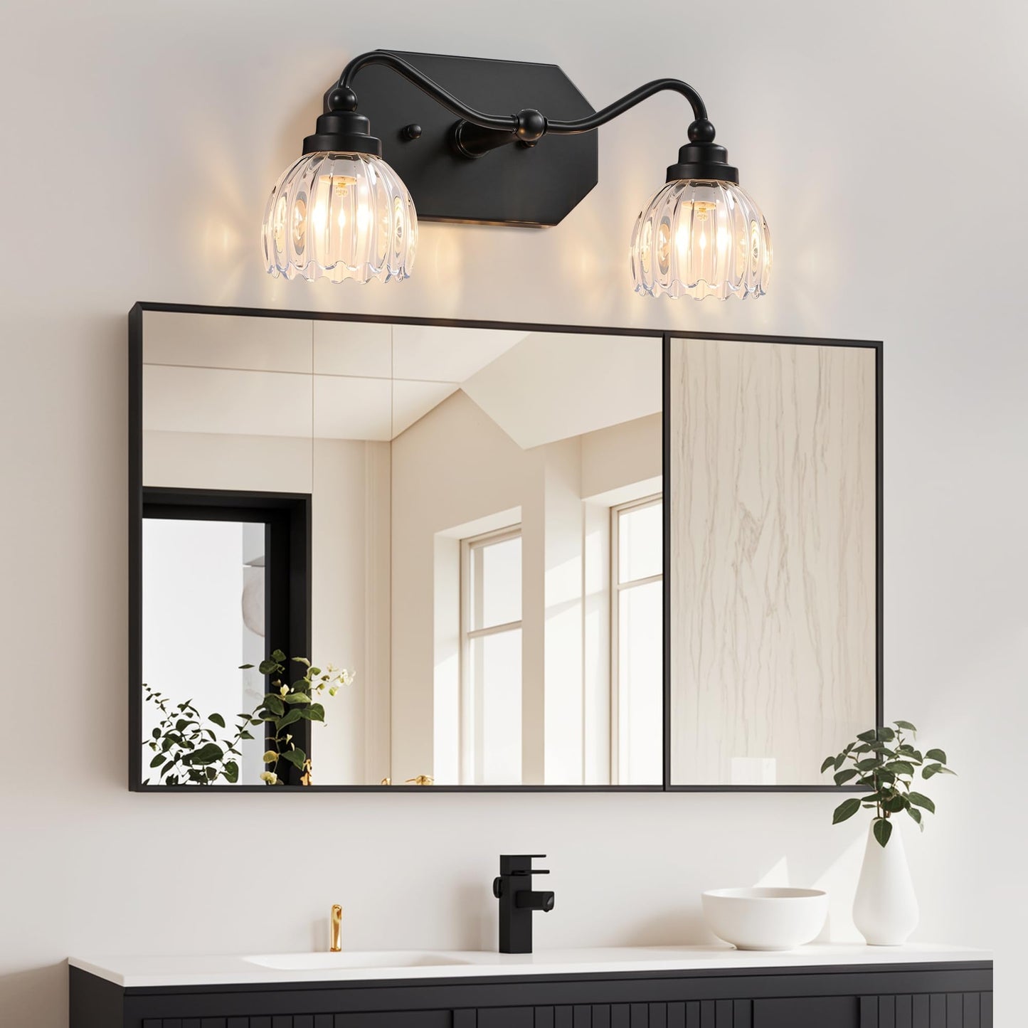 CmnVmn Vintage Bathroom Light Fixtures, 2 Light Bathroom Vanity Light, Black Matte Antique Brass Finish with Crystal Glass Shade, Mid Century Wall Sconces for Bedroom, Living Room, Hallway