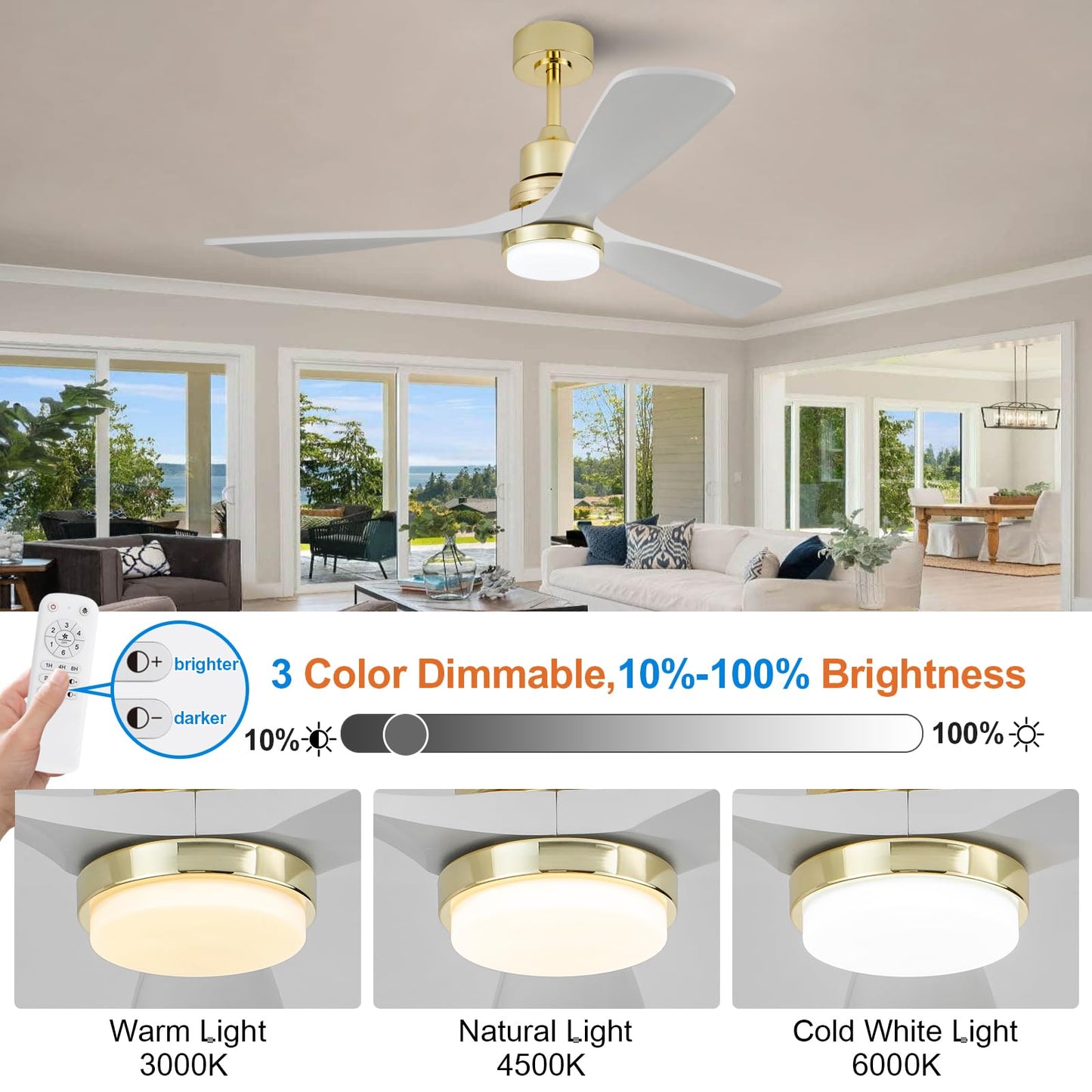 BOJUE Ceiling Fan with Lights, 52 inch, Gold Finish, White Solid Wood cutting edges, Model BJ52WH-1620G, Ideal for Indoor/Outdoor Use
