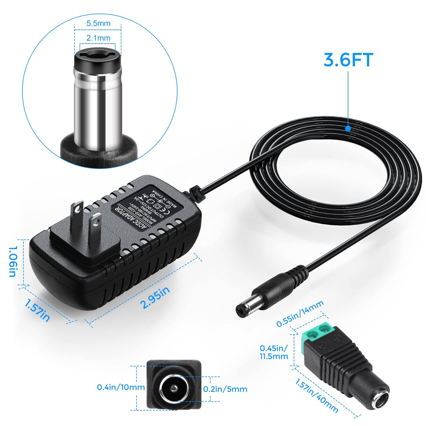 LightingWill 12V Power Supply, 24W Power Adapter, 110V AC to 12V 2A DC Power Supply, Wall Plug Transformer for Devices with 5.5/2.1mm DC Connector (5 Pack)