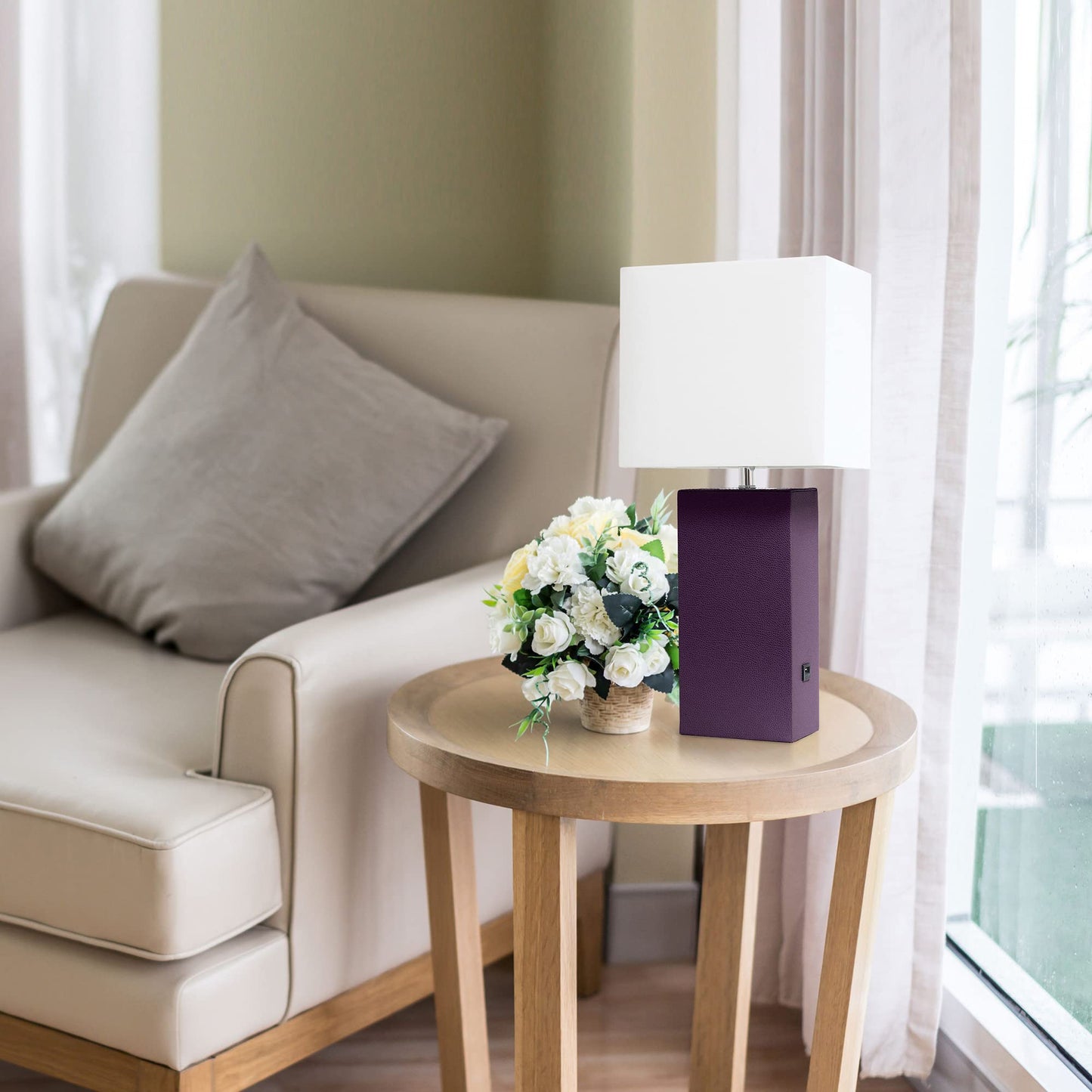 LALIA HOME Lexington 21in Leather Base Bedside Table Lamp, USB Charging Port, Eggplant Purple, Model LHT-3012