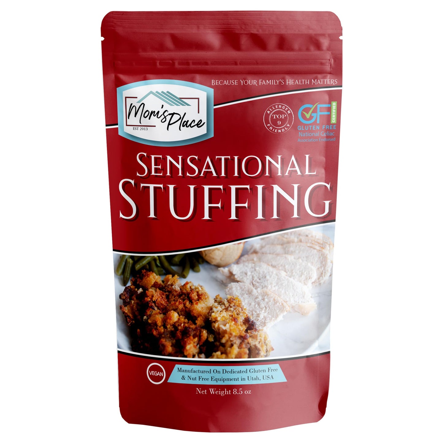 Moms Place Gluten-Free Egg Free & Dairy Free Sensational Stuffing Mix Quick & Easy to Make Vegan Nut Free & Soy Free 8.5 oz.