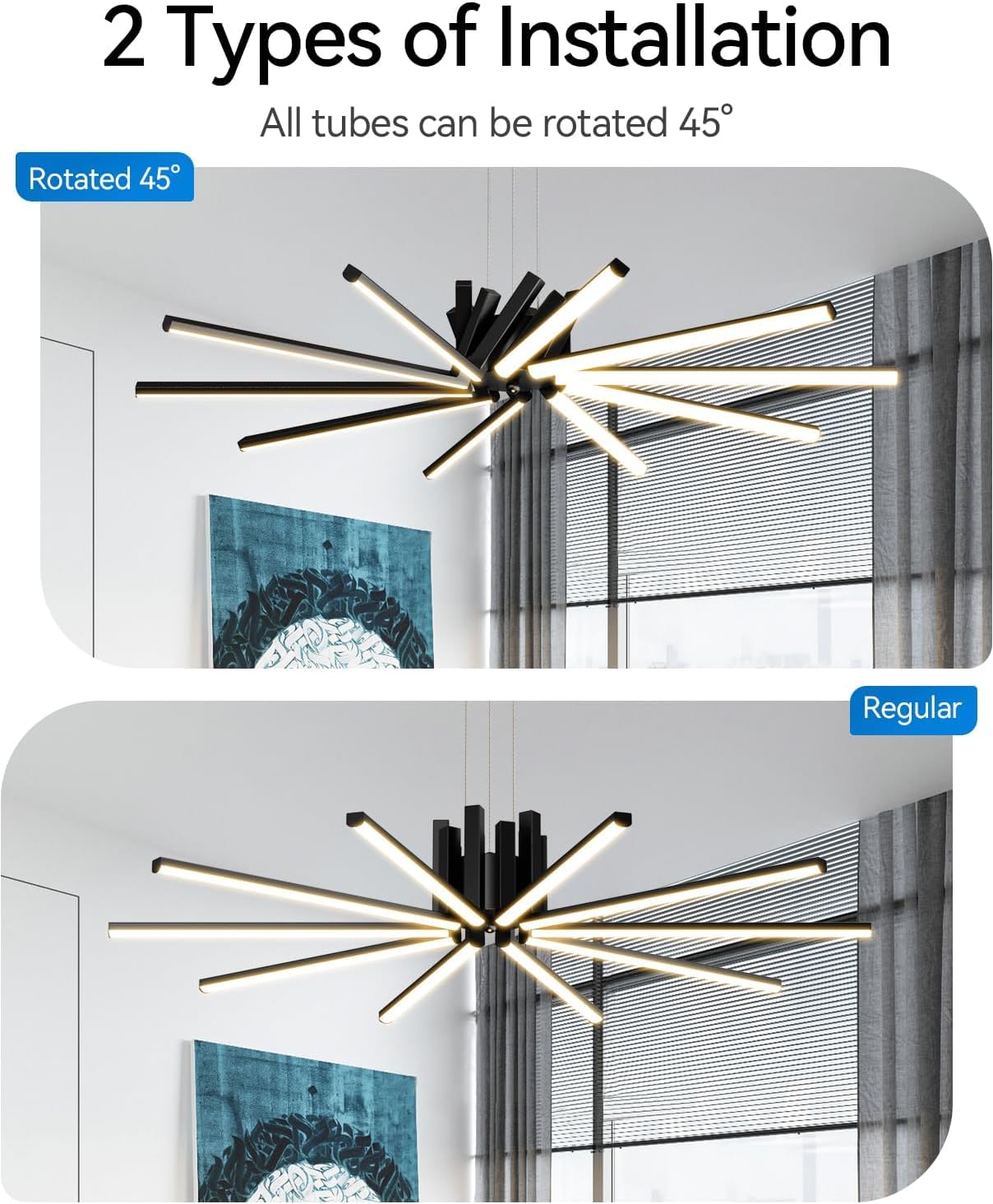 JYUWRIVG Modern Led Chandelier, Dimmable Sputnik Light Fixture, Remote Control, Black, Model YM05