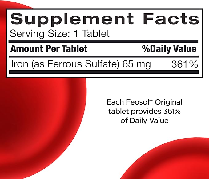 Feosol Original Iron Supplement Tablets,Non-heme 325mg Ferrous Sulfate (65mg Elemental Iron) per Iron Pill, 1 Per Day, 4 Month Supply, for Energy and Immune System Support (120 ct Pack of 2)
