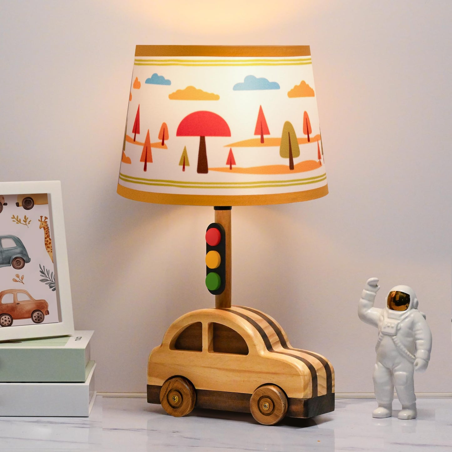 crossmoon Kids Dimmable Table Lamp, UL/ETL Certified Child Safe Natural Wood Car Stoplight Creative Design, 15 Inch Tall Handma