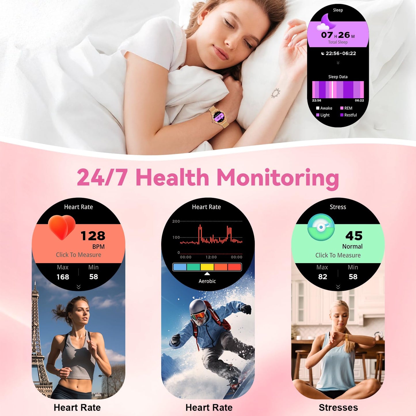 Smart Watch For Women With Make/Answer Call, 1.2 Adjustable Fitness Watch With Heart Rate Sleep Monitor Female Cycle And 100+ S
