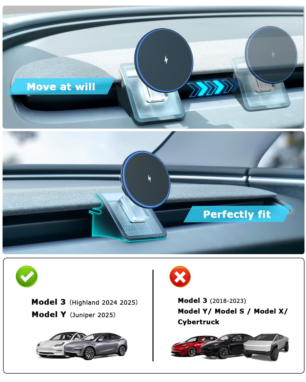 Phone Mount Holder For Tesla Model 3 Highland Model Y Juniper 2025 With 15W Wireless Charging, Tesla Phone Charger For Magsafe,
