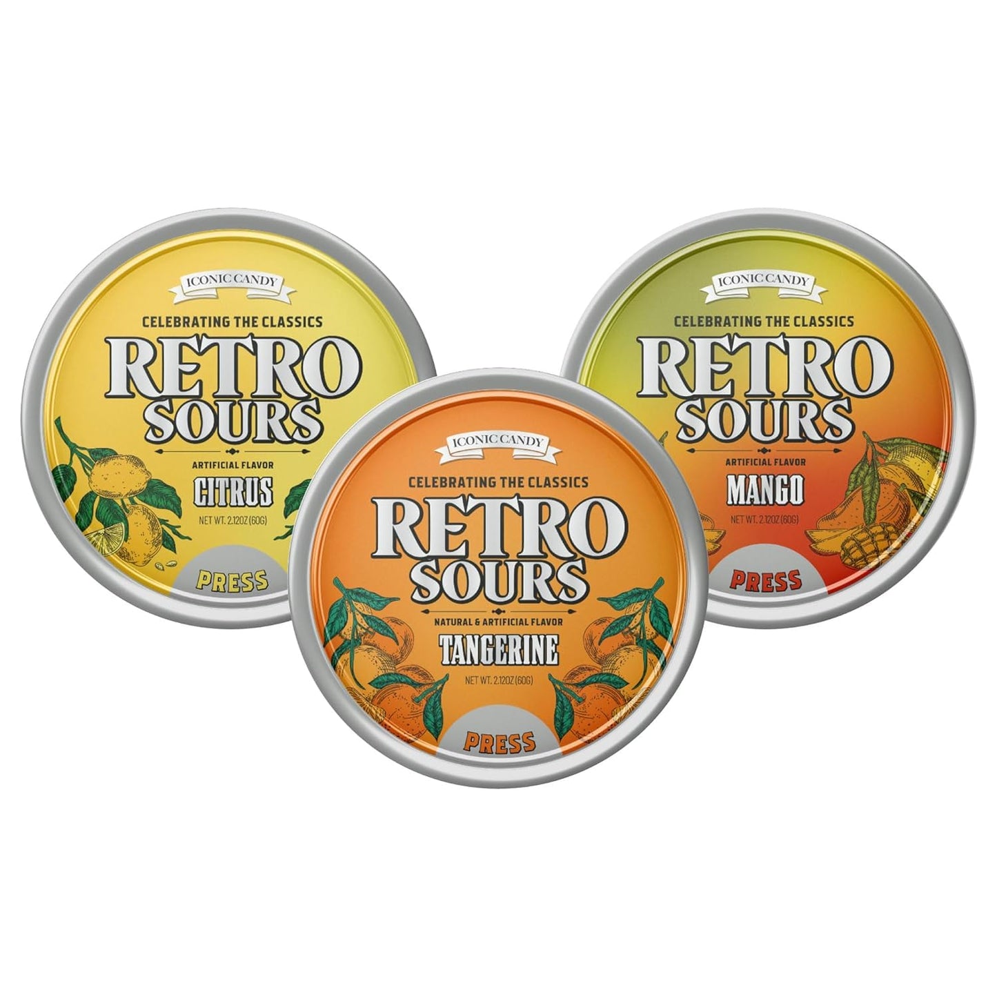 Retro Sours - Hard Tangy Old Fashion Candy in Citrus Mango & Tangerine Flavors - Nostalgic Candy Pack of 3 Tins (All Flavors)