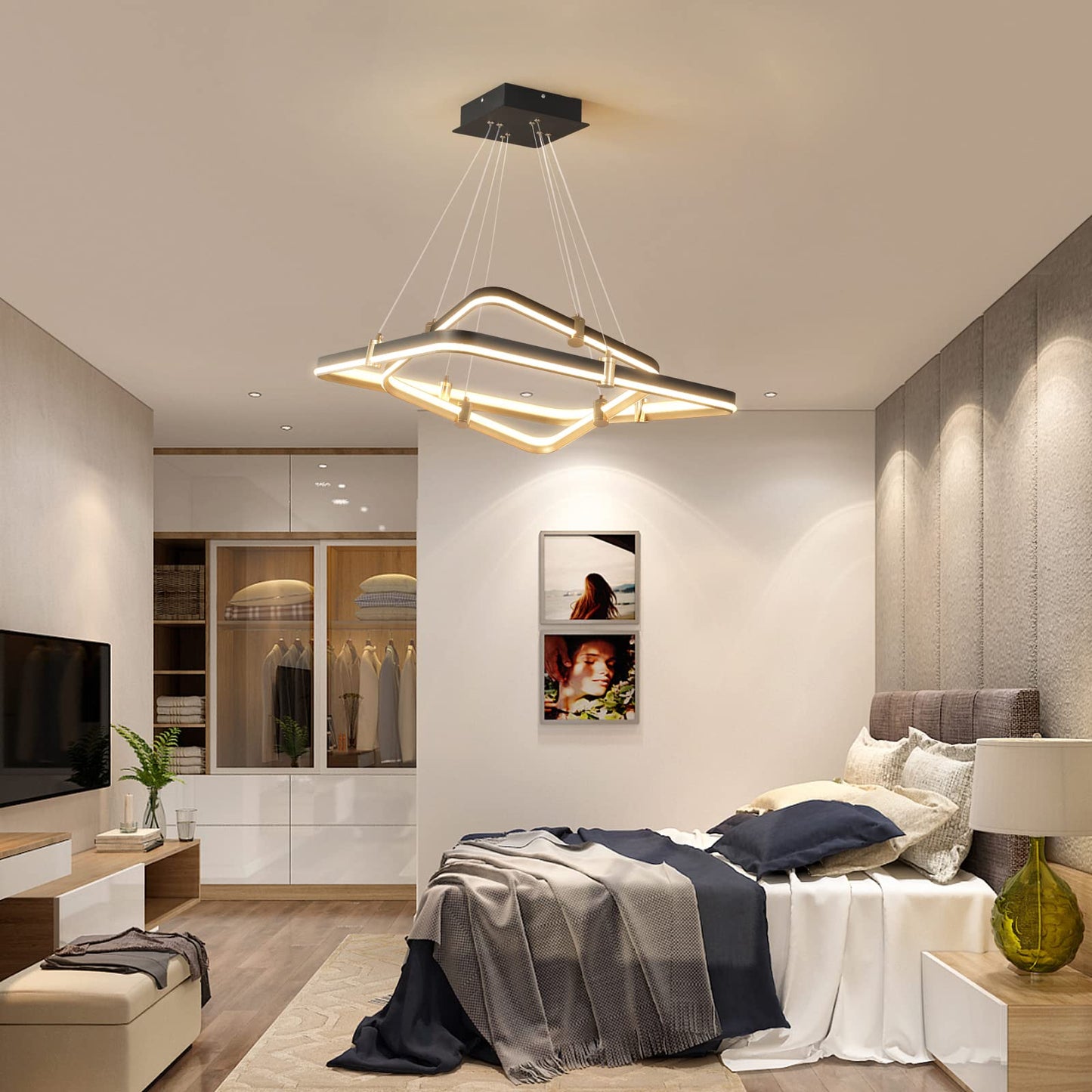 Siittoo Modern Black Chandelier Dining Room Light Fixture 96W Dimmable Led Modern Pendant Light 2-Ring Rectangular Chandelier Hanging Light Fixture For Kitchen Island Living Room Hall F=24+16