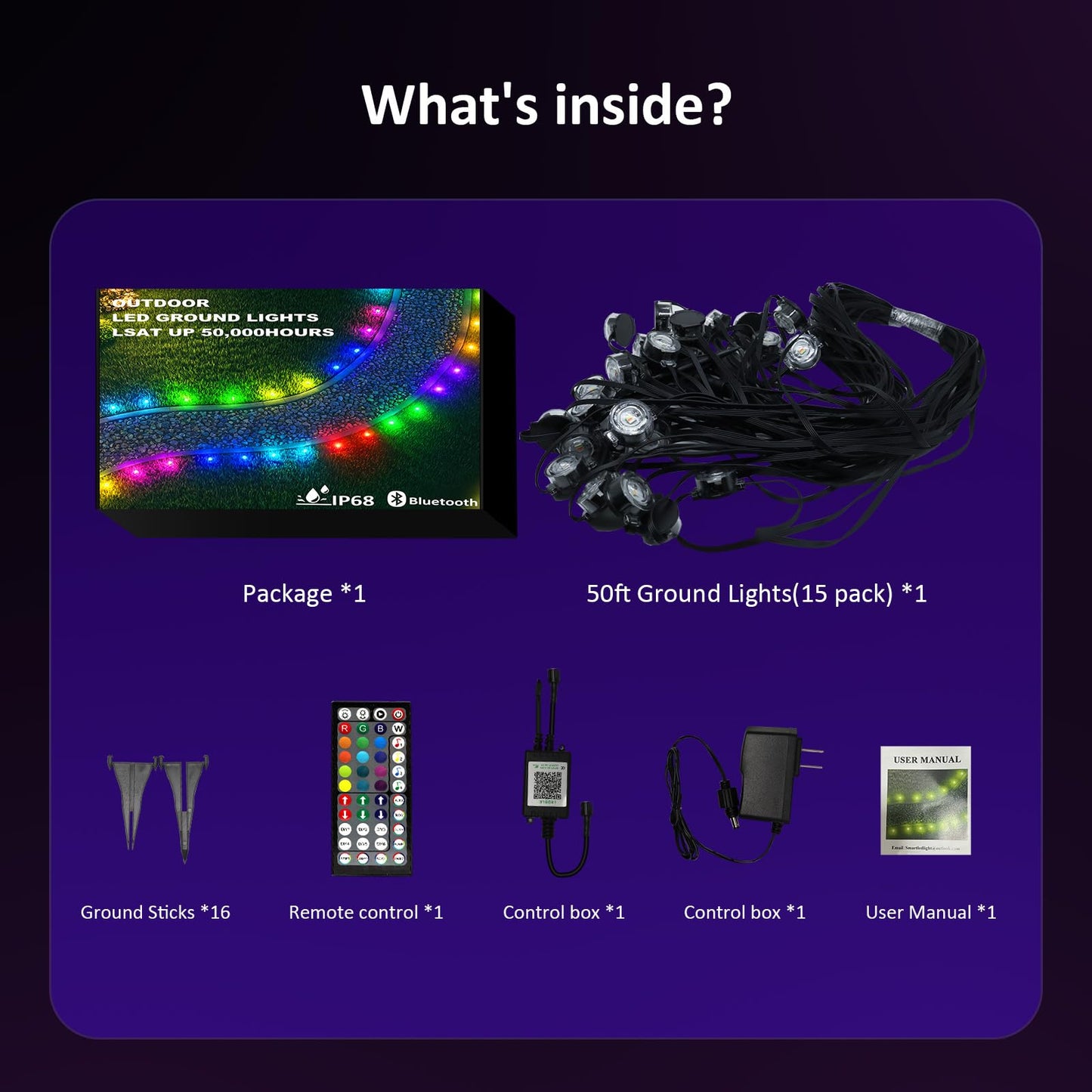 IVRICH Outdoor Ground Lights, 200ft RGB Color Changing, Remote & App Control, IP68 Waterproof, Black, Model 5050