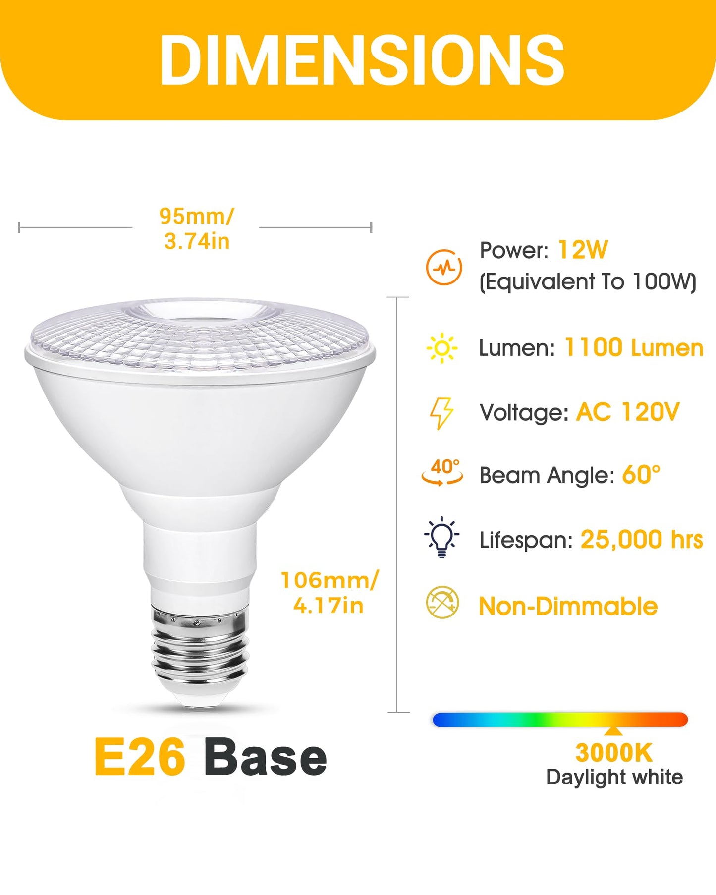 Flaspar Par30 Outdoor Led Flood Light Bulbs Dimmable 12W(100W Equivalent) Led Spotlight 3000K Warm White E26 Base 1100Lm Indoor Outdoor Recessed Bulb Track Lighting 2 Pack