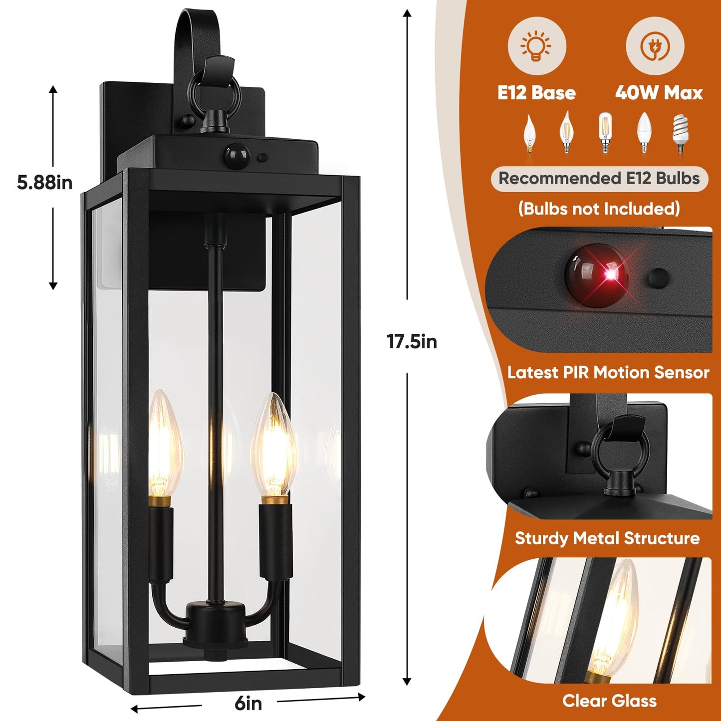 Beslowe 17.5 Upgraded Motion Sensor Outdoor Wall Lights Dusk To Dawn Porch Lights Outdoor Wall Sconces 3 Lighting Modes Exterior Lighting Fixtures With Hooks Black Outside Lights For House 2-Pack
