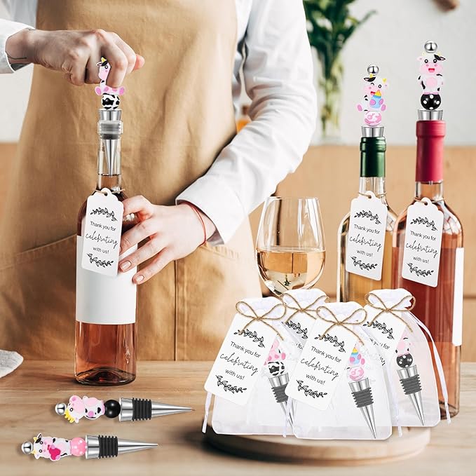 Gisafai 36 Set Cow Beadable Wine Stoppers Thank You Wedding Favors for Guests Decorative Beaded Wine Bottle Stopper with Cow Beads Organza Bag Tag for Wedding Cow Party Favor Baby Shower Gifts