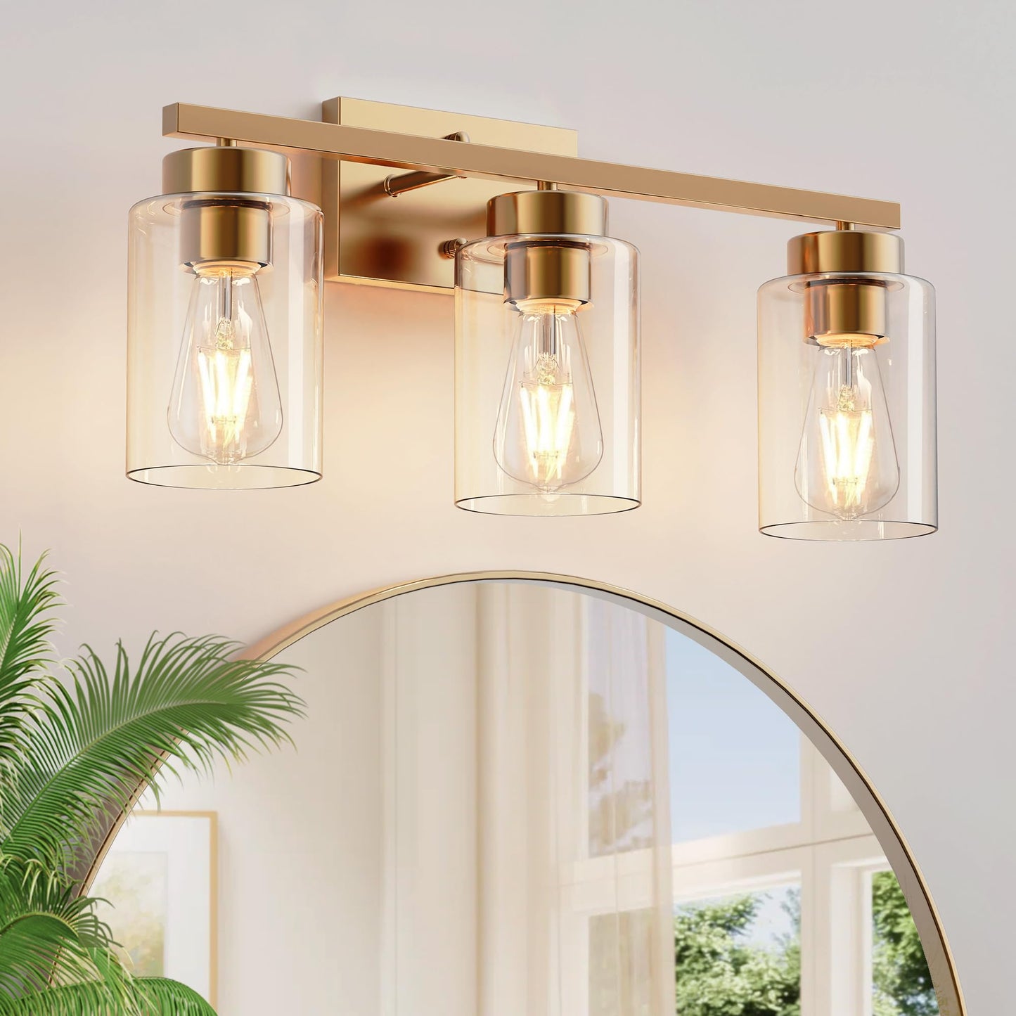 Partphoner 3-Light Bathroom Light Fixtures Brushed Gold Vanity Light With Clear Glass Shade Modern Wall Sconce For Mirror Bedroom Living Room Hallway Lighting
