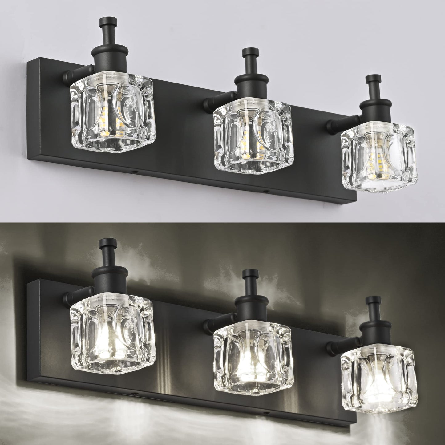 PRESDE Black Crystal Bathroom Light Fixtures, 3-Light Vanity Lighting, Metal Matt Black, Model HU-XI-201
