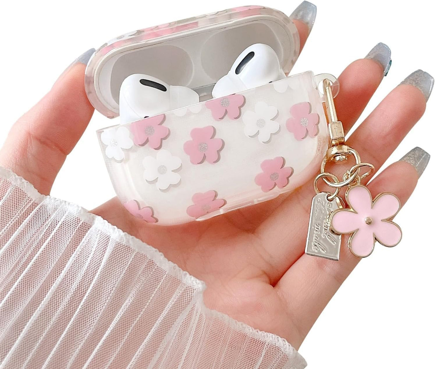MINSCOSE Compatible with AirPods 3rd Gen Clear Case Cute Cartoon Flower Earphone Cover with Floral Keychain Soft Transparent TPU Protective Case for AirPod 3 for Girls Women-White-New