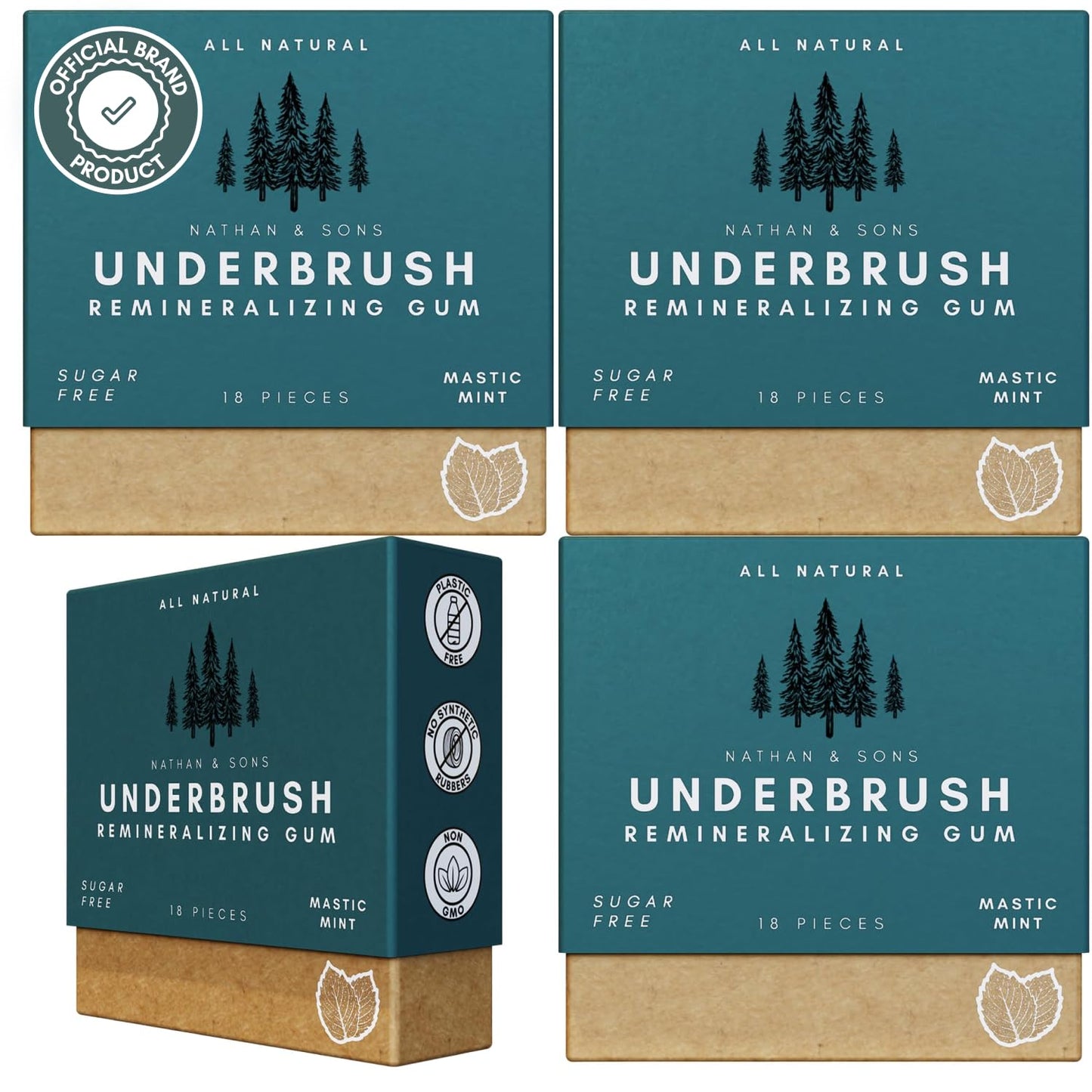 Nathan and Sons - Underbrush Gum - Sugarless Gum with Nano Hydroxyapatite for Fresh Breath and Enamel Care - Pack of 4