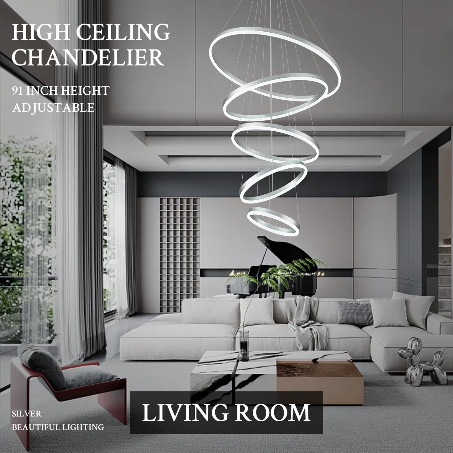 Sparklelf LED Chandelier, 5 Rings, Dimmable, Remote Control, Silver, 31.5in, Model SE-P60-5SDC1