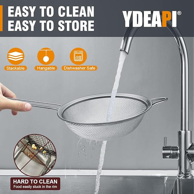 8.6" Large Fine Mesh Strainer with Handle, Metal Food Strainers for Kitchen, Sieve Fine Mesh Stainless Steel for Rice, Quinoa, Pasta, Noodles