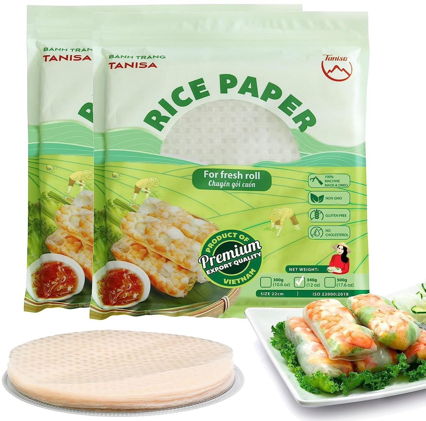 TANISA 76 Sheets - 2 Packs Rice Paper Wrappers for Spring Rolls, Rice Paper Sheets, Gluten Free Wonton, Traditional Fresh Rolls,