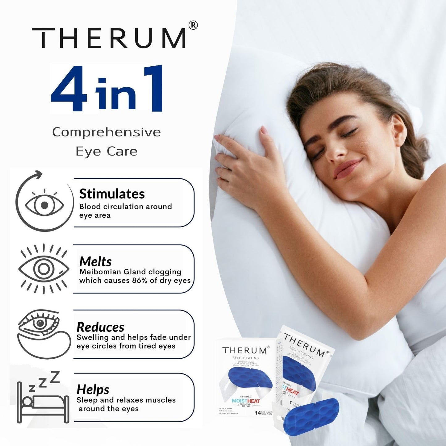 THERUM 120 Mins Long Lasting Self Heating Steam Eye Mask for Tired & Dry Eyes, Meibomian Gland Dysfunction, Stye, Blepharitis (14units/1box)