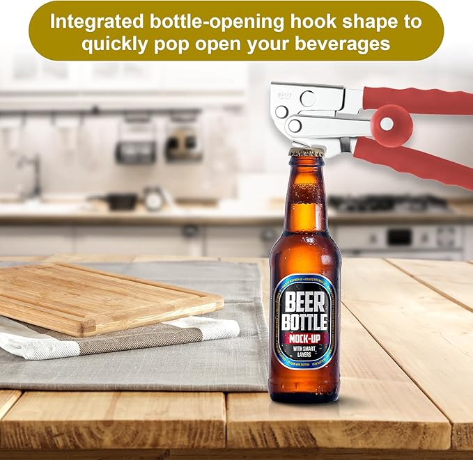 Commercial Can Opener, Stainless Steel Heavy Duty Manual Hand Crank Can Opener, with Comfortable Ergonomic Design Extra-long Handles, Large Handheld Smooth Can Open Easy for Big Cans, Red