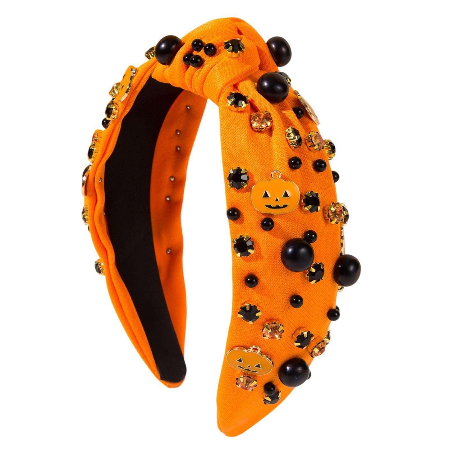 Halloween Thanksgiving Fall Pumpkin Crystal Pearl Knotted Headband for Women Hair Accessories Outfits (Color A, Medium)