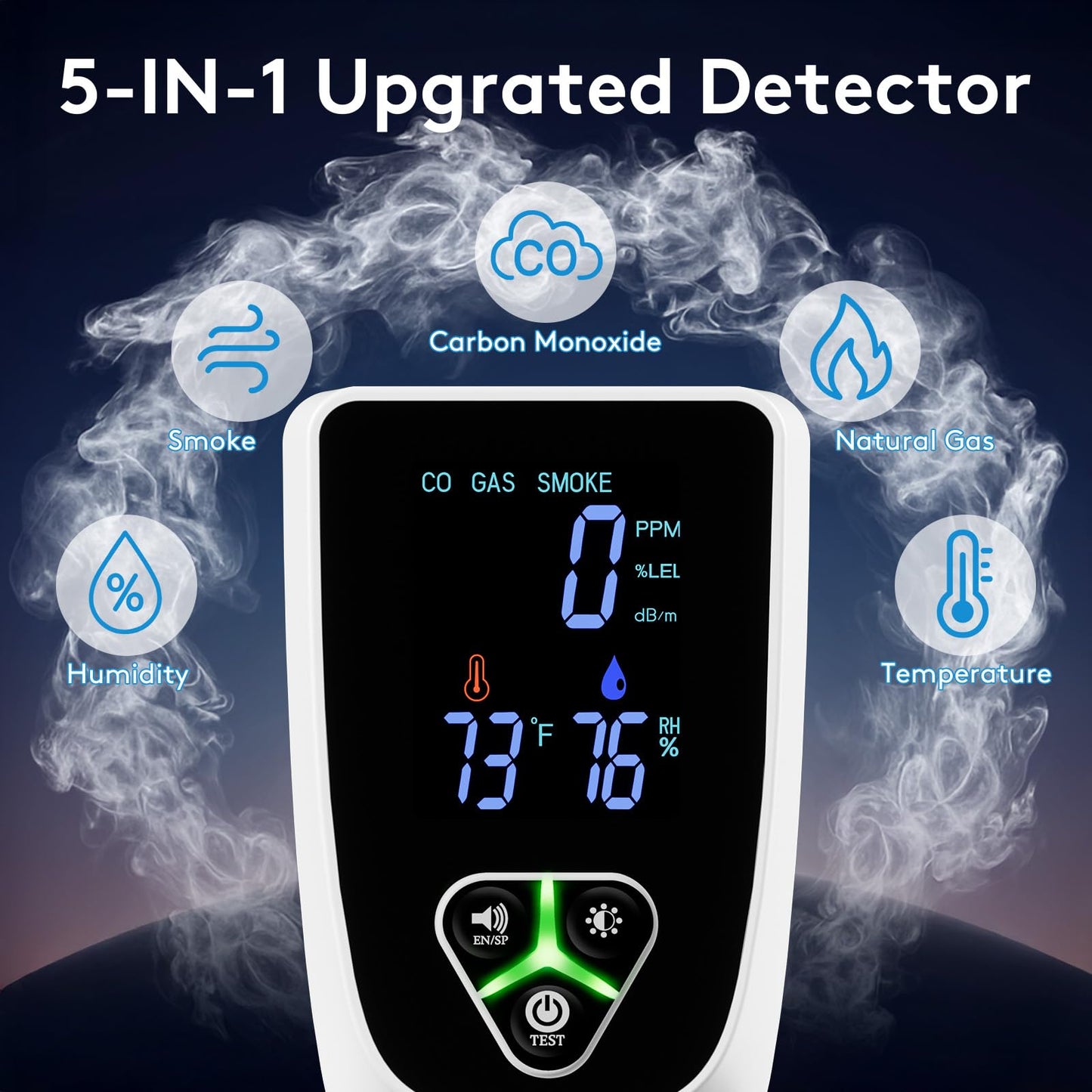 5-in-1 Carbon Monoxide Detectors Plug in, Smoke Alarm & Natural Gas Leak Detector with Temperature & Humidity Sensor, Portable CO Detector with LCD Display Sound & Light Alert for Home Travel