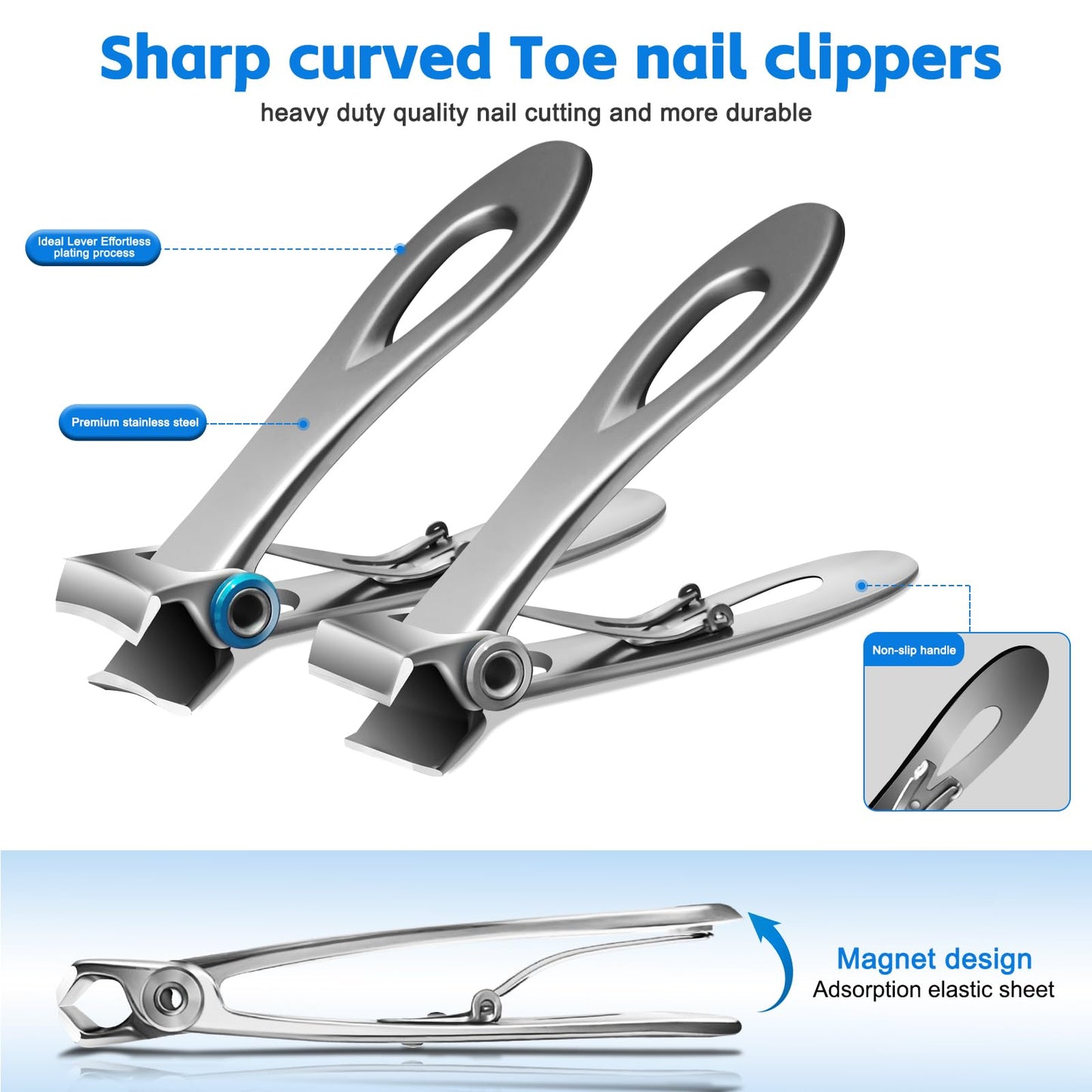 Werlla Heavy Duty Nail Clippers for Thick Toenails, Extra Large Toenail Clippers for Thick Nails, Curved & Straight Nail Cutter and Straight Nail Clipper Set, Silver