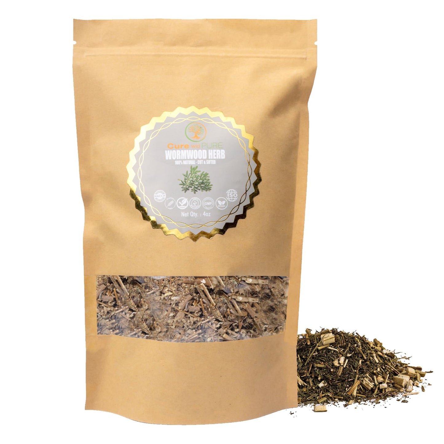 Cure wid Pure Organic Wormwood Herb Dried Cut & Sifted 4oz/114g - Artemisia Absinthium - Non-GMO Preservative & Additives Free Wormwood Tea In Eco Friendly Resealable Pouch Traditional Herbal Remedy
