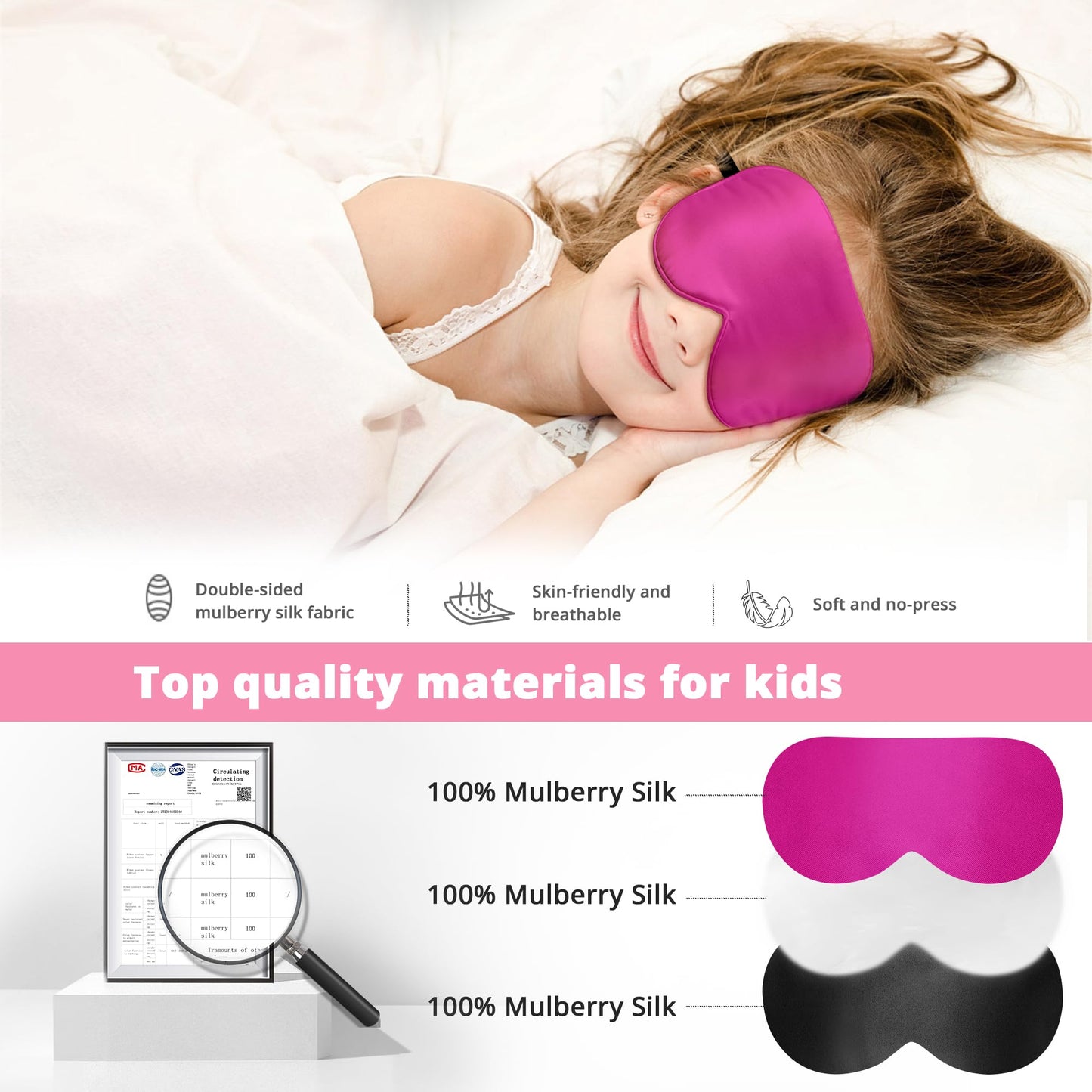 Kids Sleep Mask Eye Cover, 100% Real Natural Pure Silk Eye Mask with Adjustable Strap, Blindfold Kids Eye Mask for Sleeping, Eye Shade for Boys Girls and Adult, Pressure-Free Comfort (Rose red)