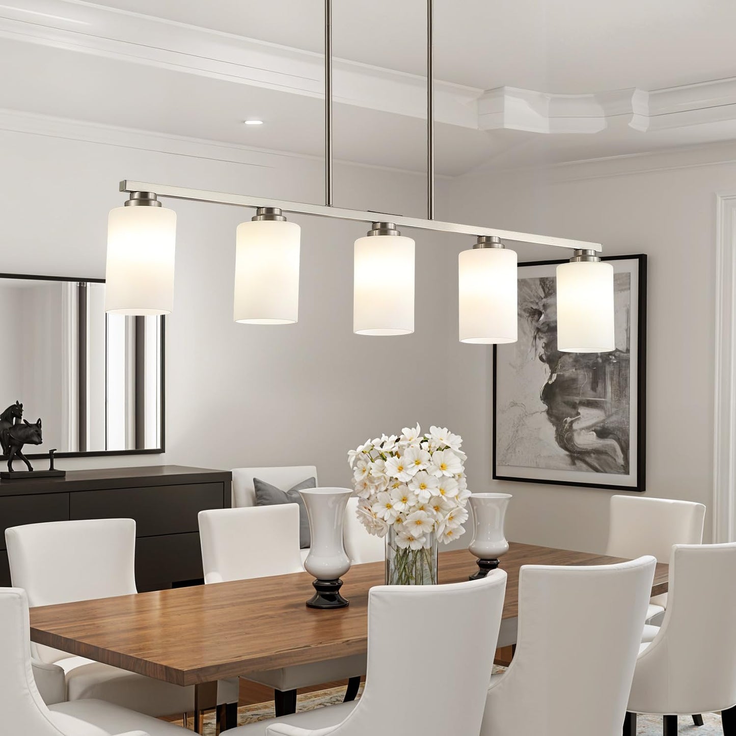 Mecgirn Island Light For Kitchen Brushed Nickel Dining Room Light Fixture Over Table With Milk Glass Shade 5-Light Linear Chandelier Pendant Lighting For Dining Table Kitchen Island Living Room