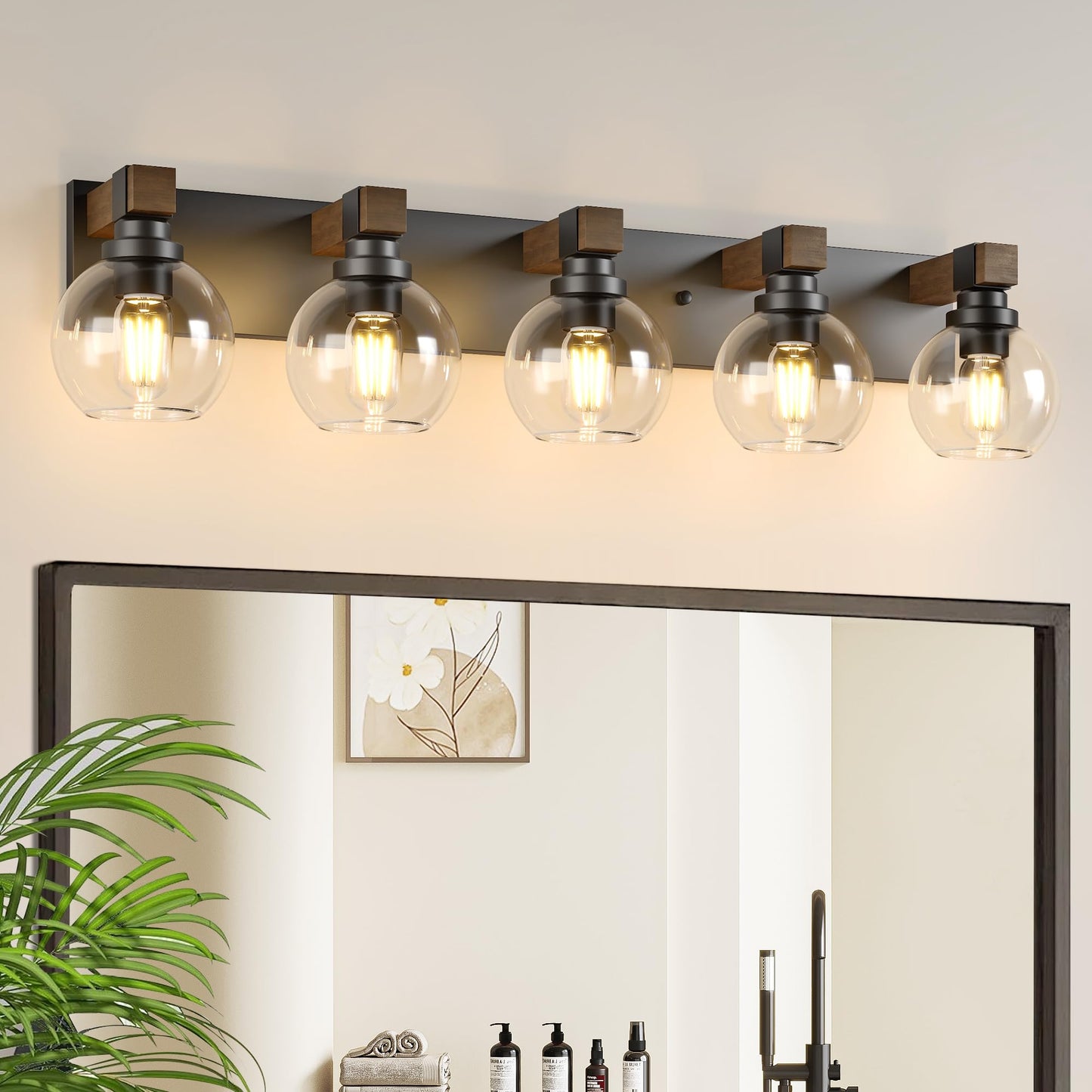 Farmhouse Bathroom Vanity Light Fixtures 5-Light Wood Bathroom Light Fixtures Over Mirror Rustic Sconces Wall Lighting With Glass Shade For Living Room Bedroom Hallway