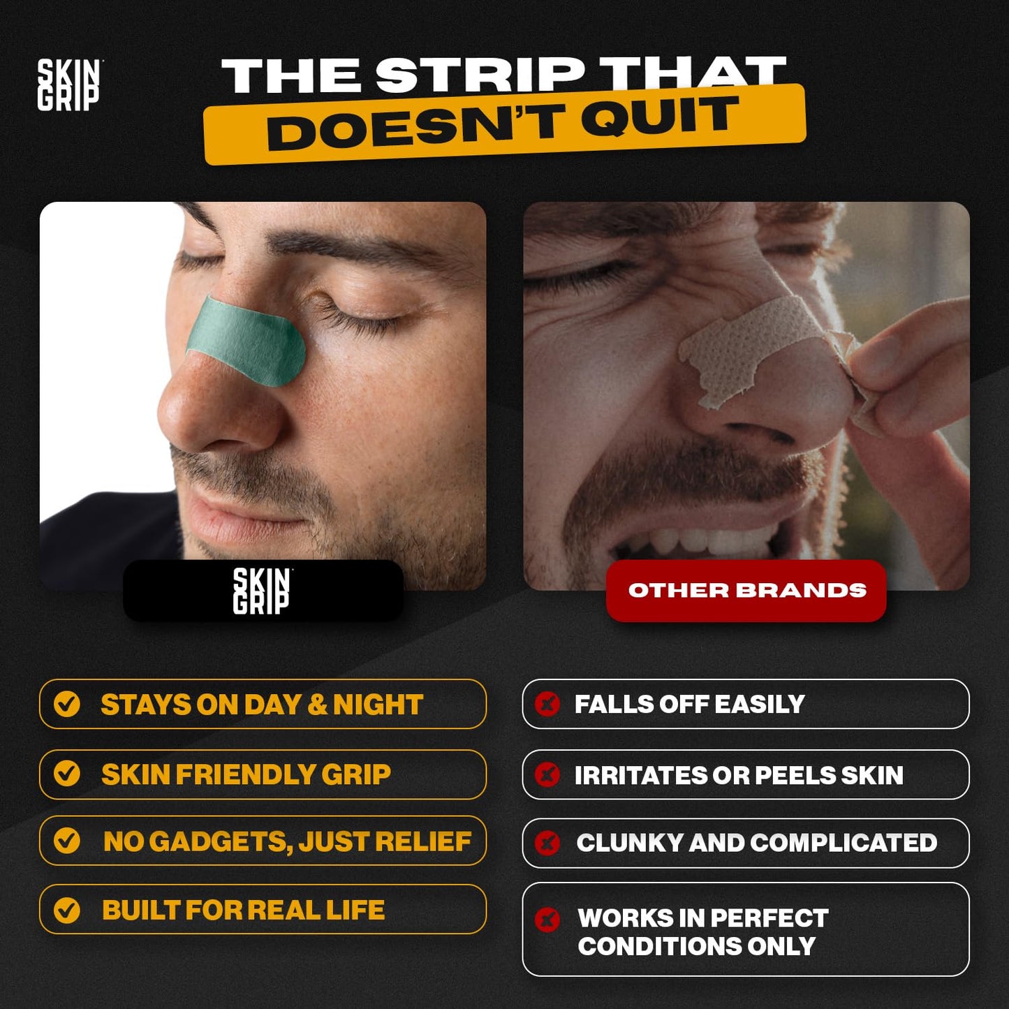 Skin Grip Nasal Strips for Snoring & Breathing–Instant Relief from Nasal Congestion, Drug-Free Snore Strips, All-Day Hold–Sleep Better, Exercise Stronger, Travel Confidently–90-Day Supply, Multi-Color