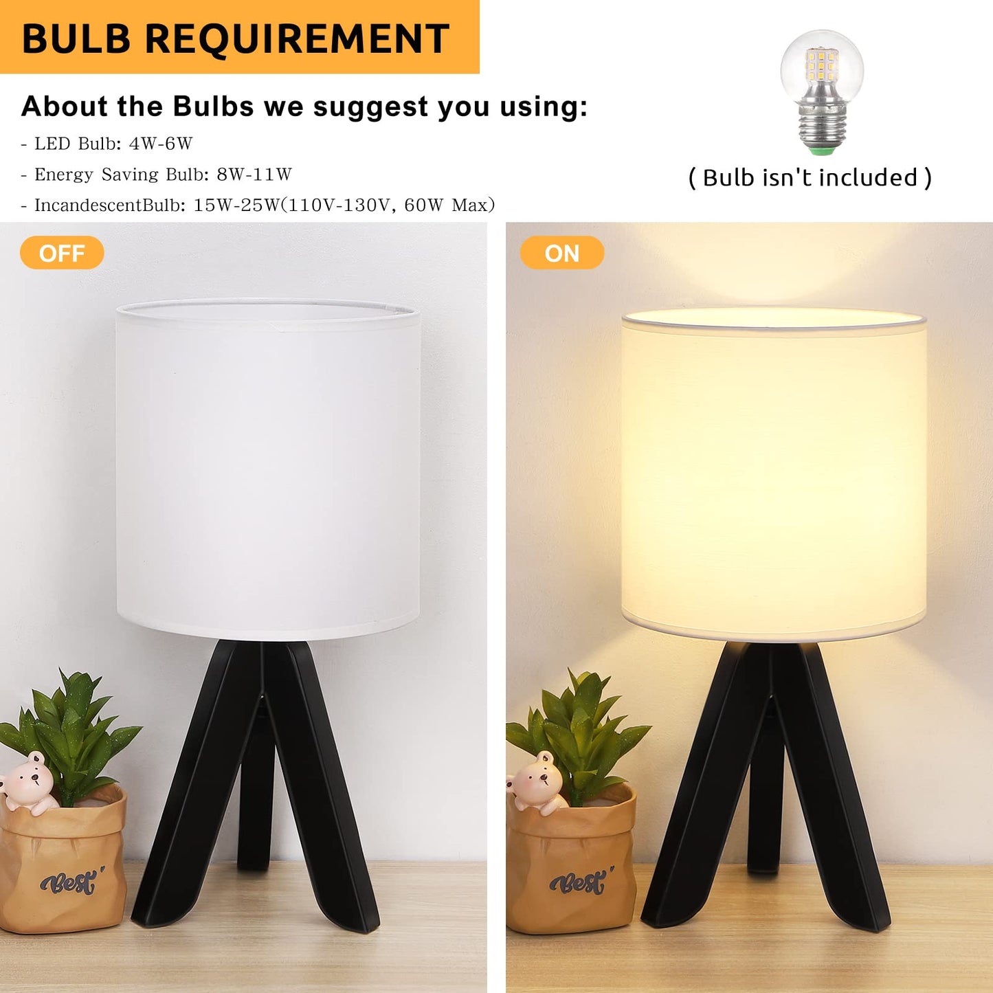 HAITRAL Wooden Tripod Table Lamp, Black Base, Linen Shade, Small Nightstand Lamp for Bedroom, Kids Room, Nursery