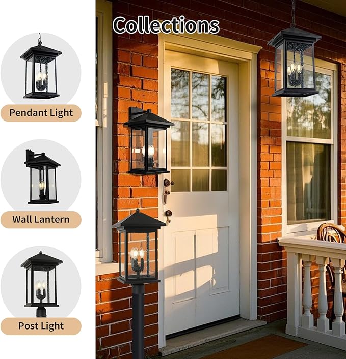 Classic Outdoor Hanging Lantern ā Weather-Resistant, Stylish, Matte Black Finish, Clear Seeded Glass and Functional, Extra Large Size