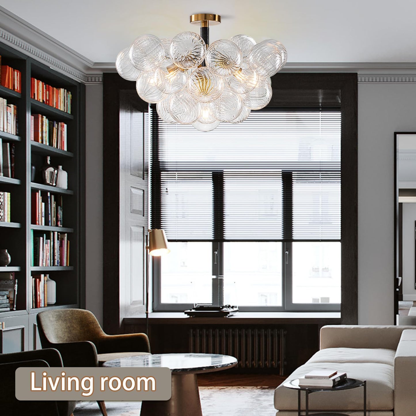 YIHANTLZ Bubble Ball Chandelier, 24in Modern Hand Blown Glass Ceiling Light, Black, Model LR1595BG-6TOU