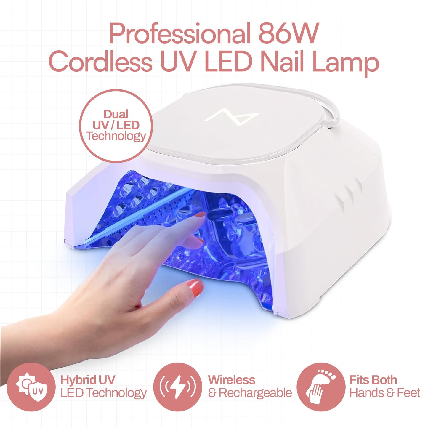 M - GlowPro Professional Hybrid 86W Wireless Rechargeable UV LED Nail Curing Lamp Cordless Nail Dryer for Gel Nails, Manicure, P