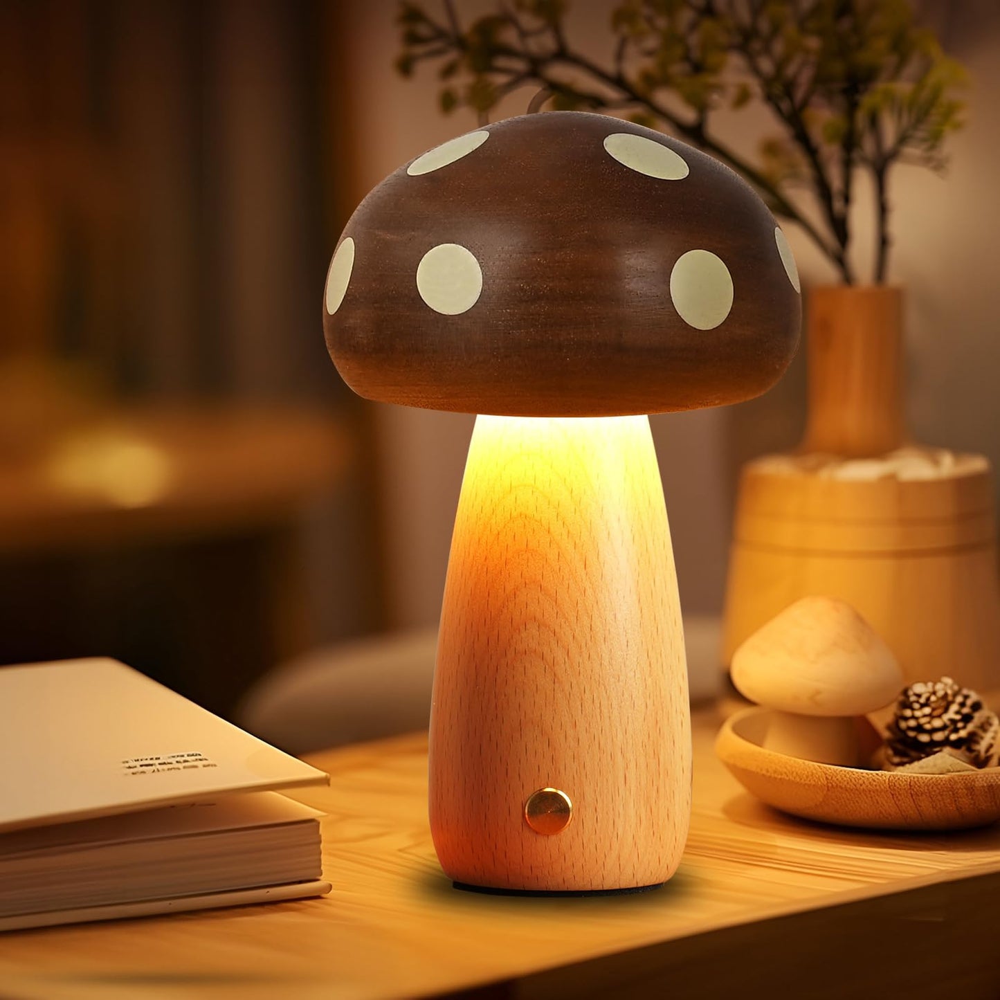 Richaa Wooden Mushroom Lamp - Rechargeable Touch Mushroom Night Light, Aesthetic Bedside Light Nature Decor Creative Gifts (Ebon